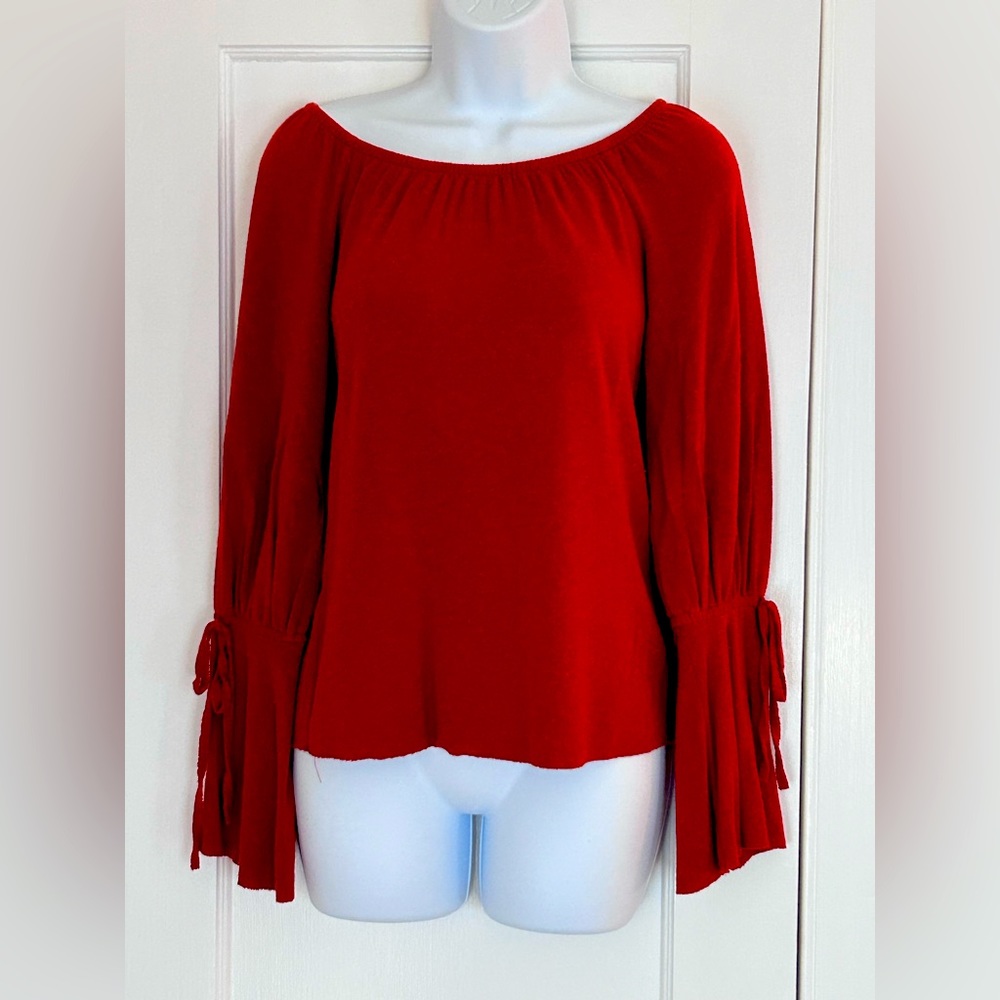 Bailey 44 Off-the-shoulder soft, red sweater with bell sleeves
